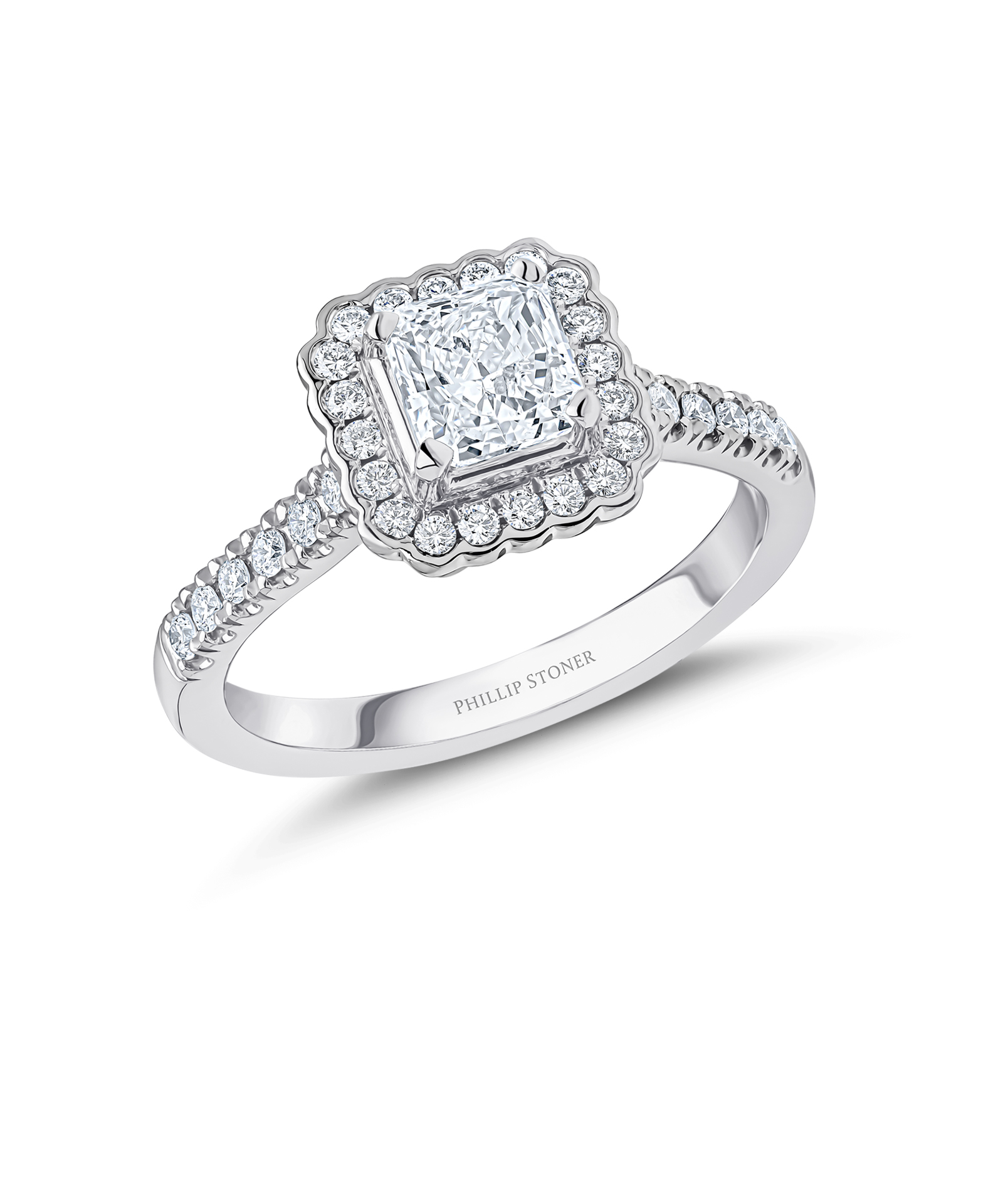 0.70ct Radiant Cut Scalloped Halo Engagement Ring - Phillip Stoner The Jeweller
