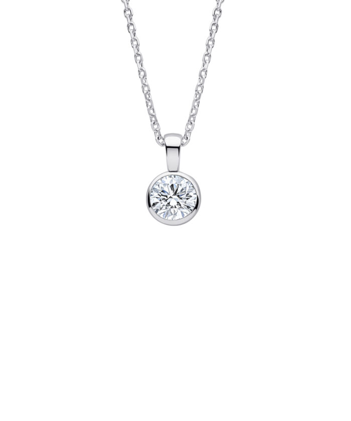 Platinum Round Brilliant Cut Diamond Pendant in Rubover Setting - Phillip Stoner The Jeweller