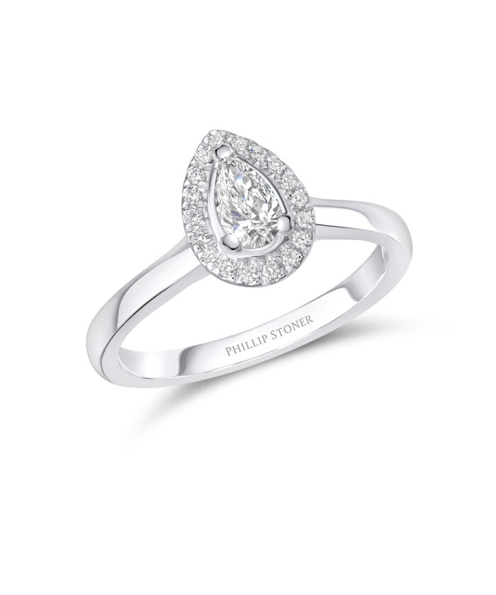 0.30ct Pear Cut Diamond Halo Engagement Ring with Plain Shoulders - Phillip Stoner The Jeweller