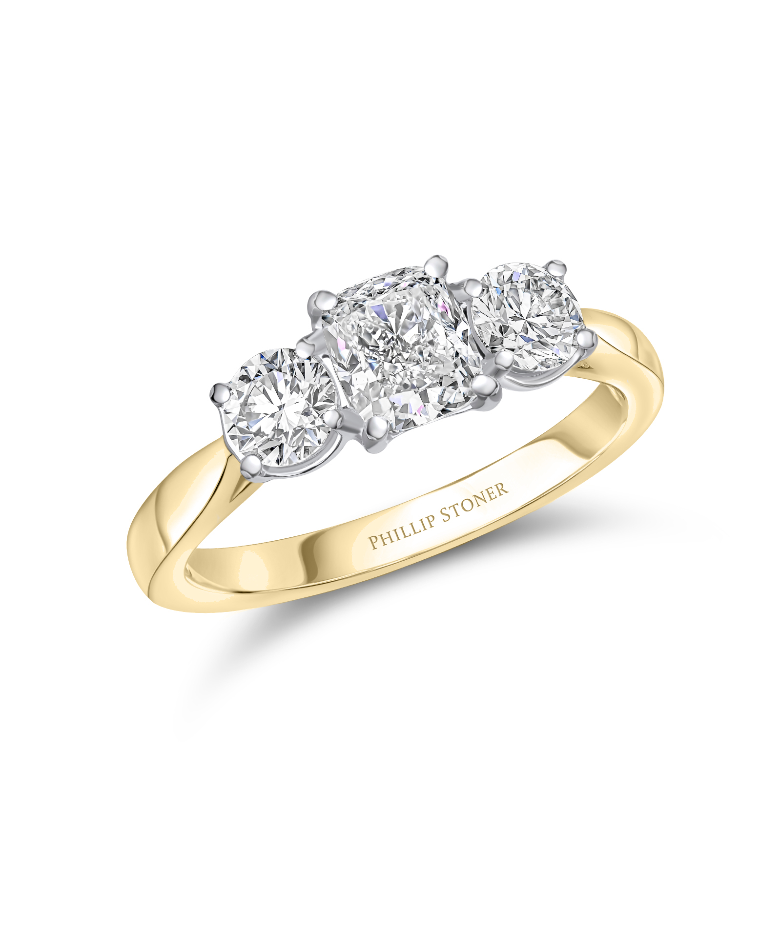 0.70ct Cushion & Round Cut Three Stone Yellow Gold Diamond Engagement Ring - Phillip Stoner The Jeweller