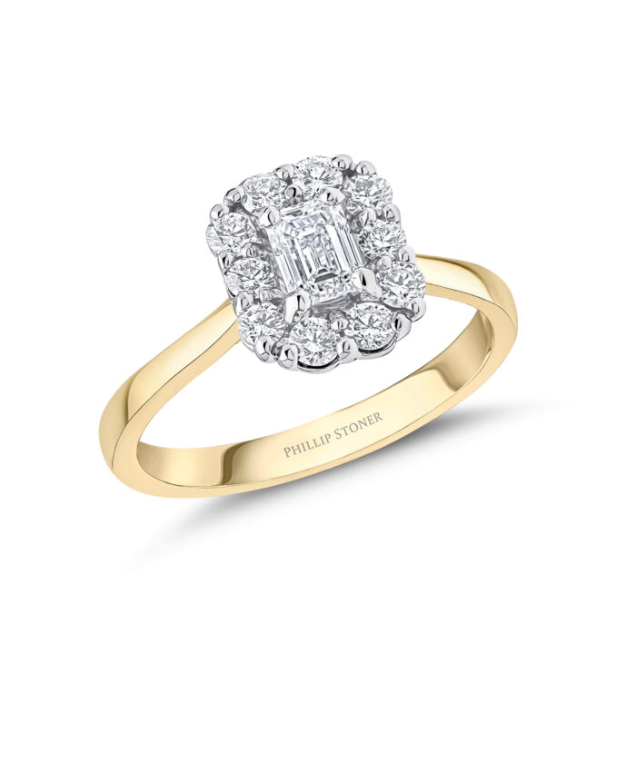 18ct Yellow Gold 0.40ct Emerald Cut Diamond Cluster Engagement Ring, Yellow Gold - Phillip Stoner The Jeweller