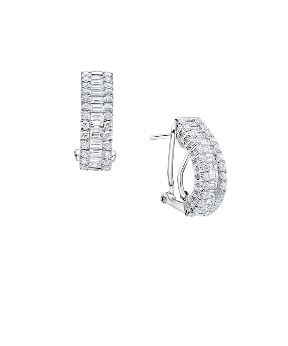 18ct White Gold Baguette & Round Cut Hoop Earrings - Phillip Stoner The Jeweller