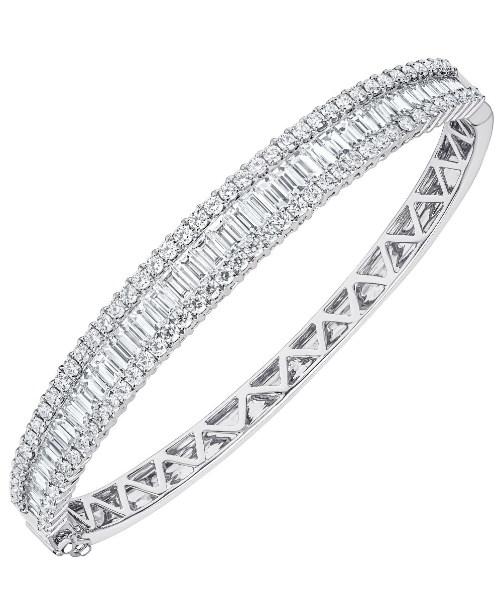 Baguette & Round Cut Diamond Three Row Bangle - Phillip Stoner The Jeweller