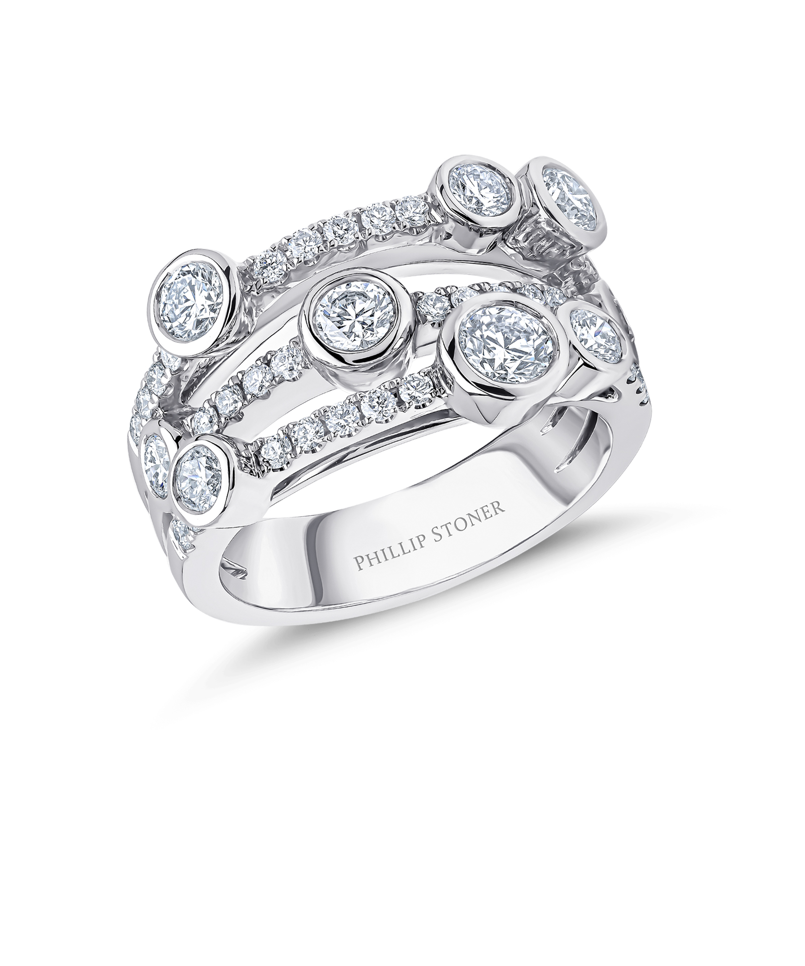 Platinum Diamond Set Cascade Multi-row Cocktail Ring - Phillip Stoner The Jeweller