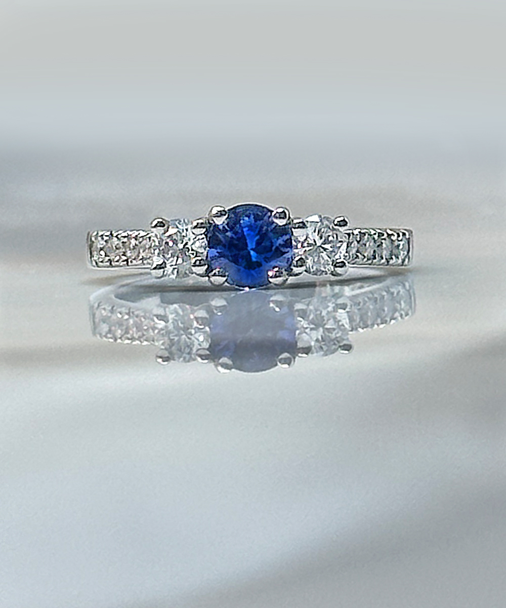 Platinum Sapphire & Diamond Trilogy Engagement Ring with Diamond Shoulders