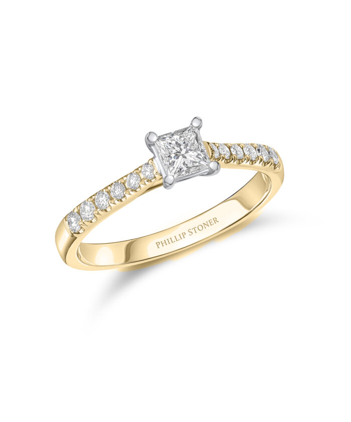 0.30ct Princess Cut Diamond 18ct Yellow Gold Engagement Ring with Scallop Set Shoulders - Phillip Stoner The Jeweller