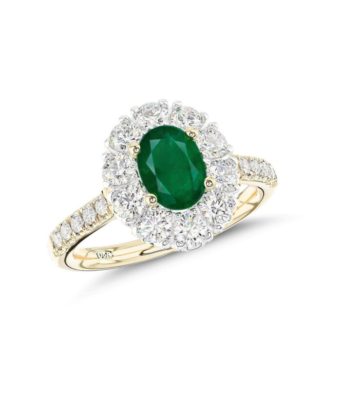 0.60ct Oval Emerald Diamond Cluster Ring in 18ct Yellow Gold - Phillip Stoner The Jeweller