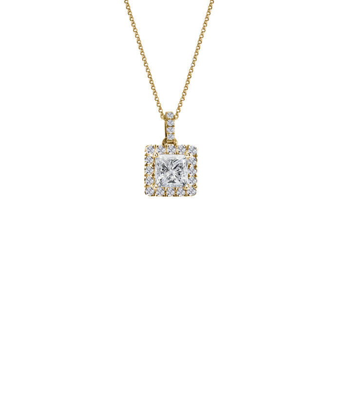 18ct Yellow Gold Princess Cut Diamond Halo Pendant