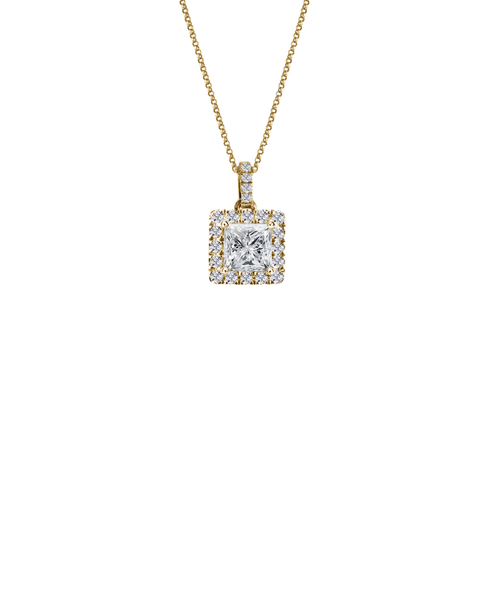 18ct Yellow Gold Princess Cut Diamond Halo Pendant