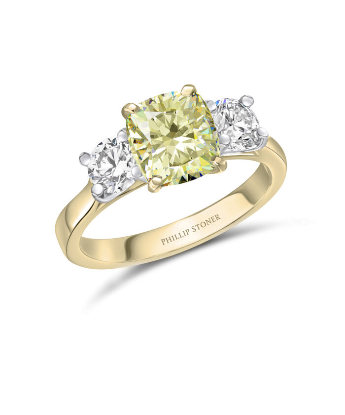 1ct Cushion Cut Yellow Diamond 3 Stone Ring