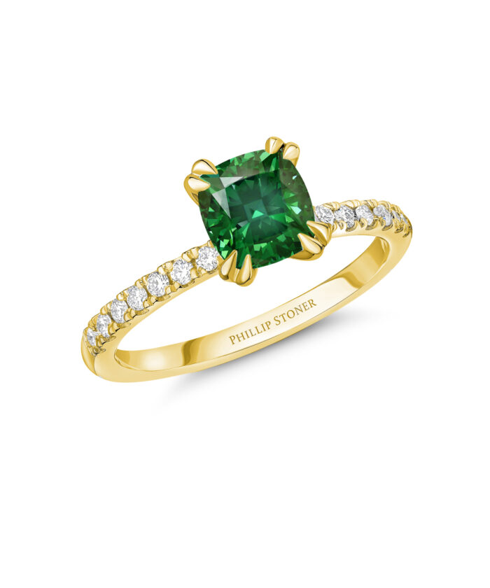 1.66ct Green Tourmaline Cushion Cut Diamond Set Nova Yellow Gold Engagement Ring - Phillip Stoner The Jeweller