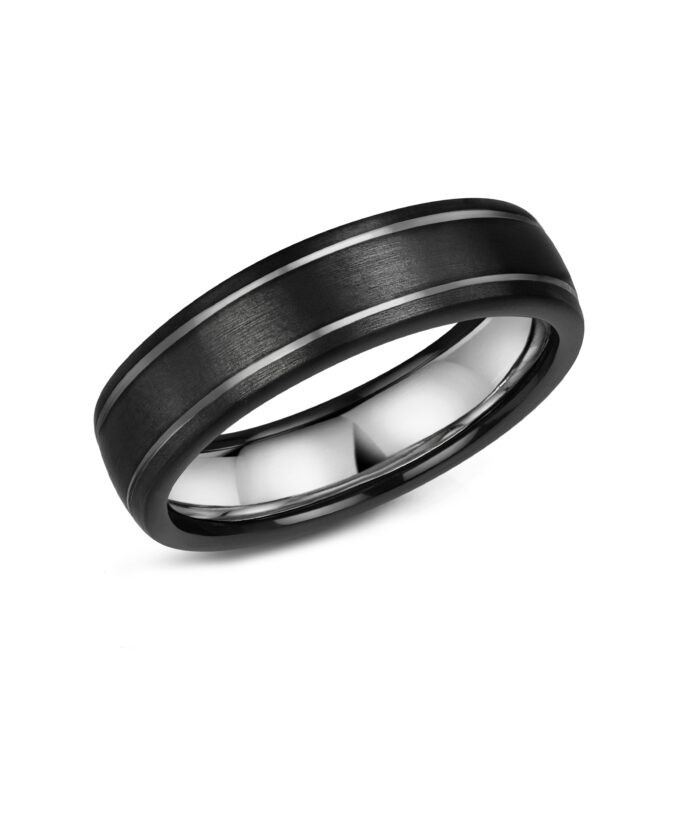 6mm Matt Black Zirconium & Silver Band with Line Detail