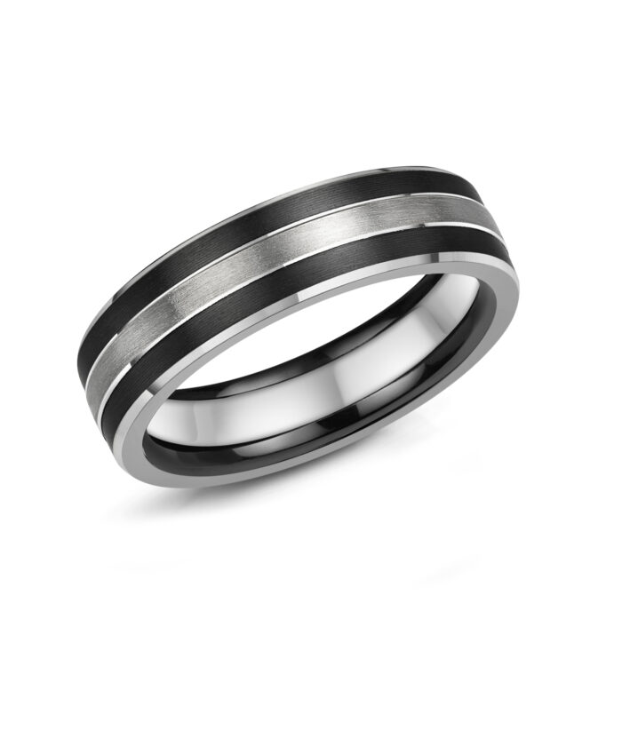 6mm Matt Black Zirconium, Silver & Platinum Band