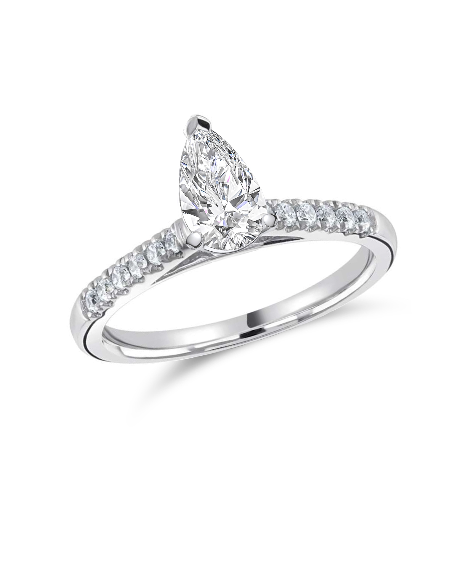 Platinum 0.70ct Pear Cut Diamond Solitaire Ring with Scallop Set Diamond Shoulders