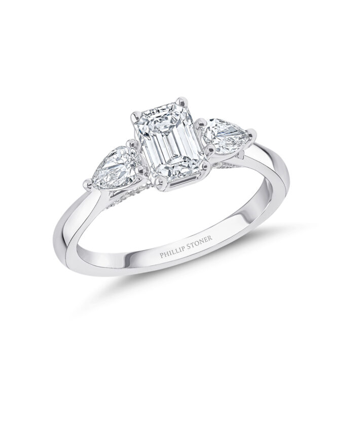 Platinum 1ct Emerald Cut Diamond Trilogy Ring with Diamond Bridge - Phillip Stoner The Jeweller