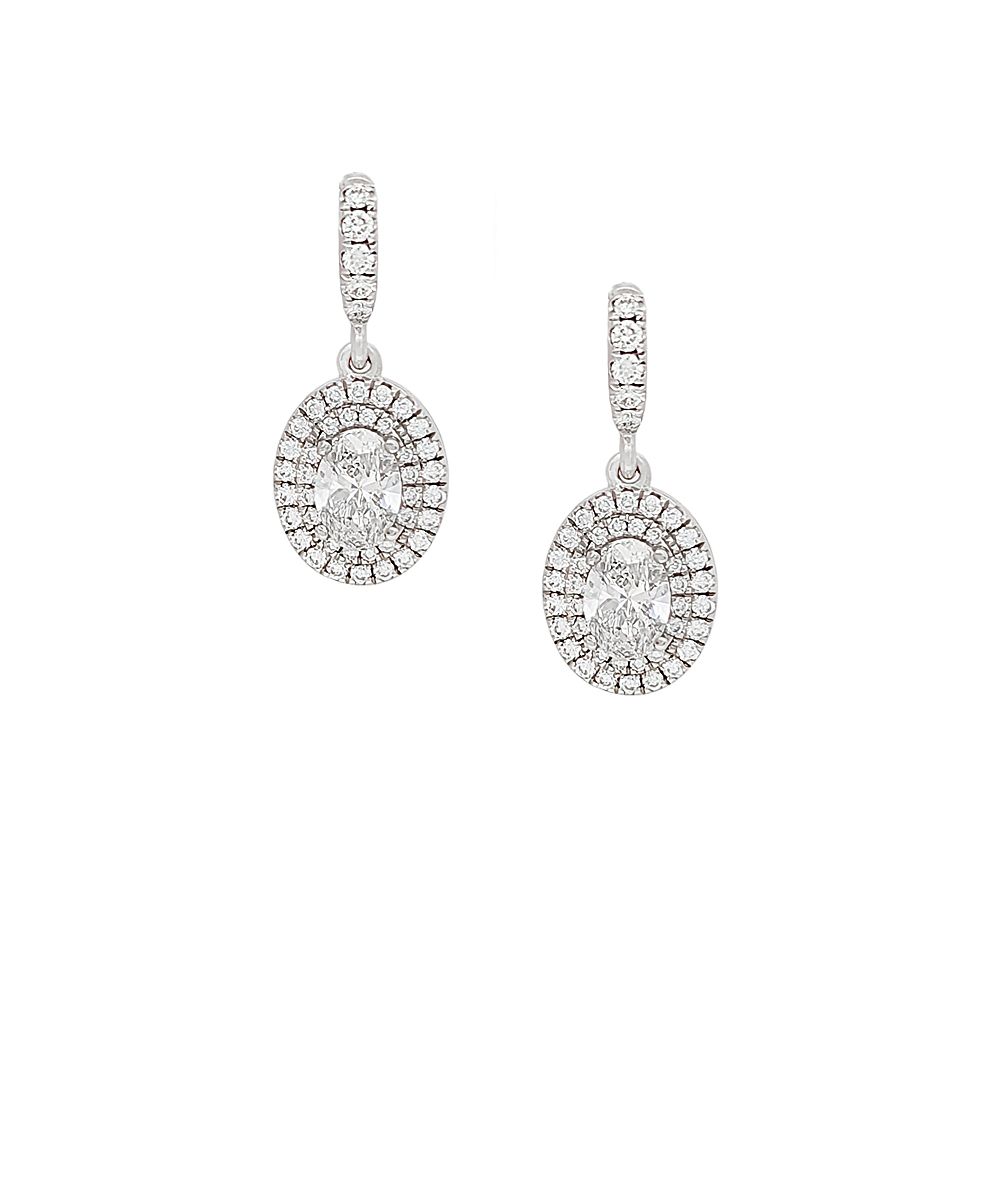 Platinum Oval Cut Diamond Cocktail Earrings with Halos