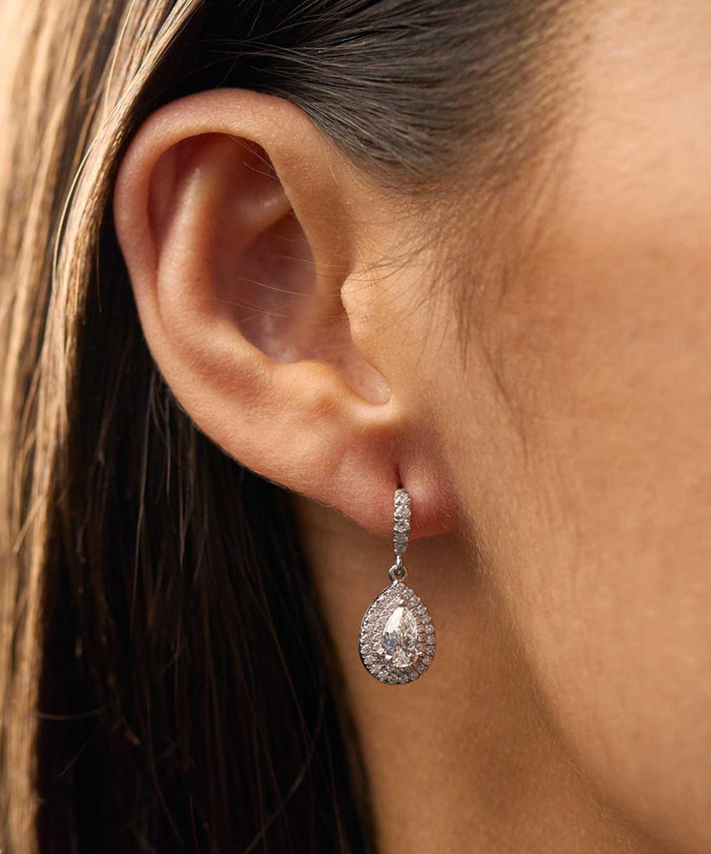 Platinum Pear Cut Diamond Cocktail Earrings with Halos - Modelled