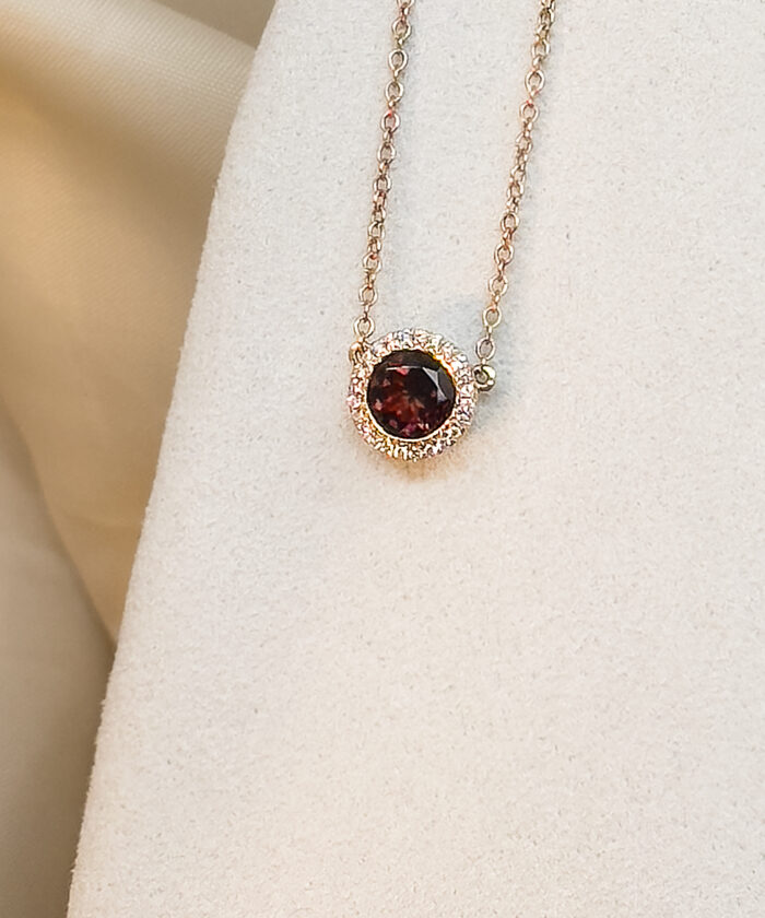 Burgundy Tourmaline & Diamond Halo Pendant